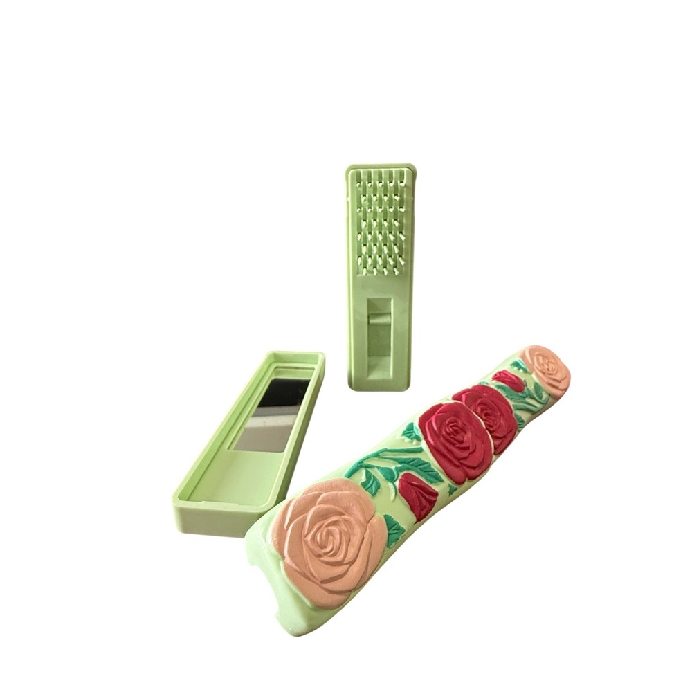 Vintage Push up brush, mirror & roller Set 1970s floral purse pocket collectible